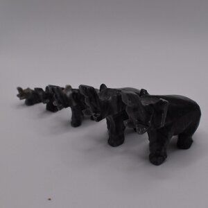 Set of 5 Hand Carved Elephant Figurines Black Marble Stone Graduated Sizes